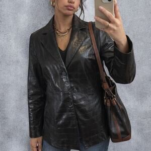 Vintage Y2K Nine West Black Croc Embossed Leather Button Front Jacket Medium